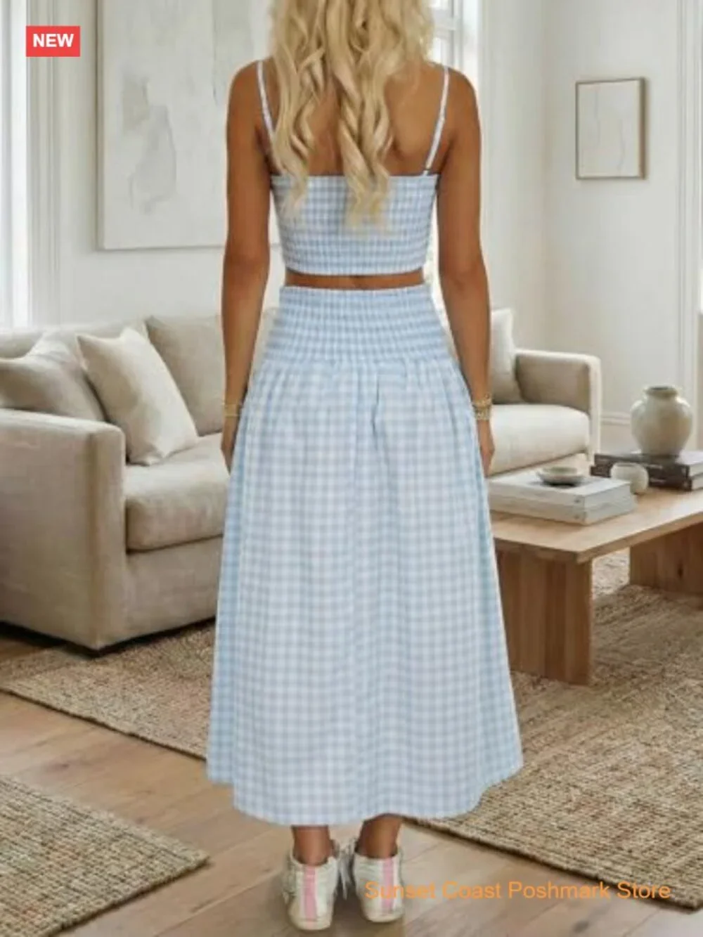 2 Piece Skirt Set Gingham Crop Tank Top Midi Dress Travel Vacation Matching Set